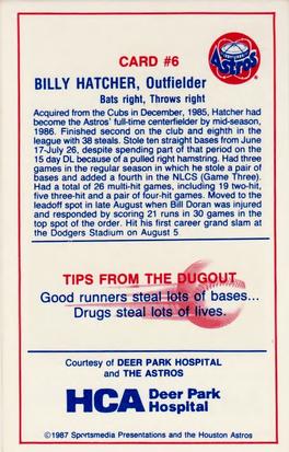 1987 Deer Park Hospital Houston Astros #6 Billy Hatcher Back