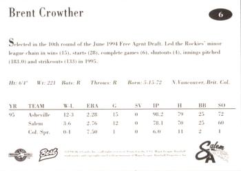 1996 Best Salem Avalanche #6 Brent Crowther Back