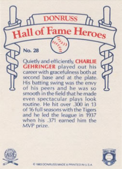 1983 Donruss Hall of Fame Heroes #28 Charlie Gehringer Back