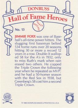 1983 Donruss Hall of Fame Heroes #13 Jimmie Foxx Back
