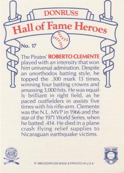 1983 Donruss Hall of Fame Heroes #17 Roberto Clemente Back