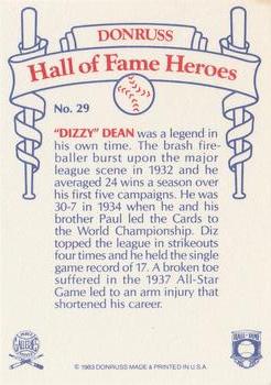 1983 Donruss Hall of Fame Heroes #29 Dizzy Dean Back