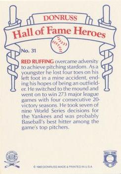 1983 Donruss Hall of Fame Heroes #31 Red Ruffing Back