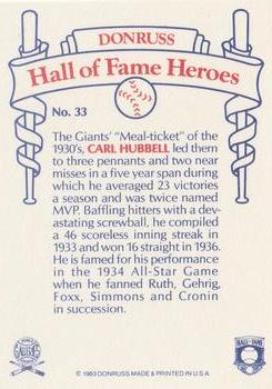 1983 Donruss Hall of Fame Heroes #33 Carl Hubbell Back
