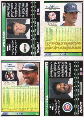 1992 Score/Pinnacle Promo Panels #23 / 28 / 37 / 32 Don Mattingly / Matt Williams / George Bell / Dave Winfield Back