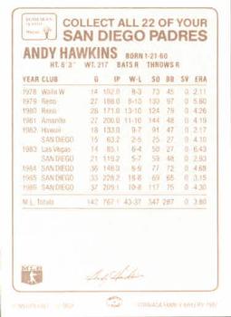 1987 Bohemian Hearth Bread San Diego Padres #NNO Andy Hawkins Back