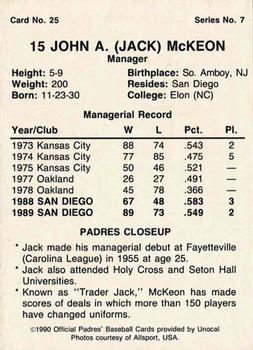 1990 Unocal San Diego Padres #25 Jack McKeon Back