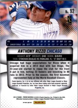 2014 Panini Prizm - Prizms Red White and Blue Pulsar #92 Anthony Rizzo Back