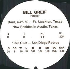 1974 McDonald's San Diego Padres Discs #NNO Bill Greif Back
