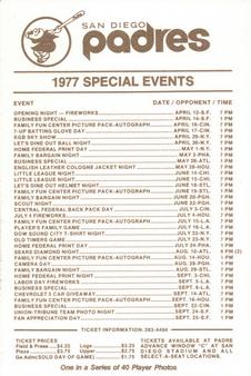 1977 San Diego Padres Schedules #NNO Vic Bernal Back