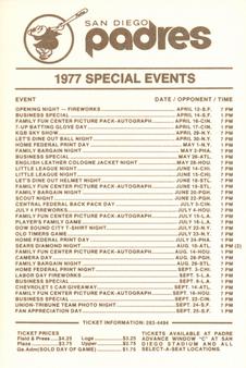 1977 San Diego Padres Schedules #NNO Dave Campbell Back