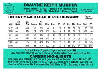 1984 Donruss #101 Dwayne Murphy Back