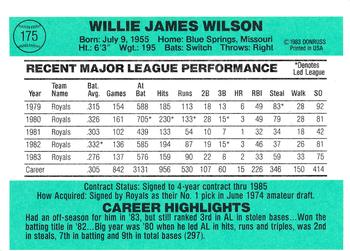 1984 Donruss #175 Willie Wilson Back