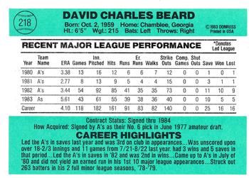 1984 Donruss #218 Dave Beard Back