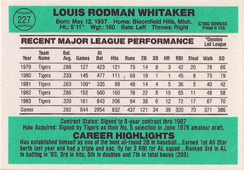 1984 Donruss #227 Lou Whitaker Back