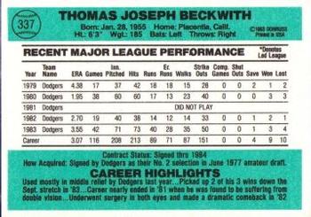 1984 Donruss #337 Joe Beckwith Back