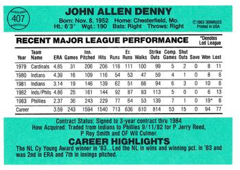 1984 Donruss #407 John Denny Back