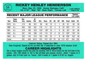 1984 Donruss #54 Rickey Henderson Back
