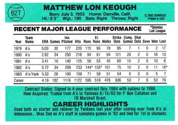 1984 Donruss #627 Matt Keough Back