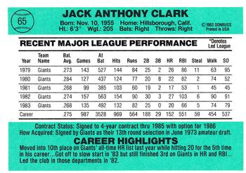 1984 Donruss #65 Jack Clark Back