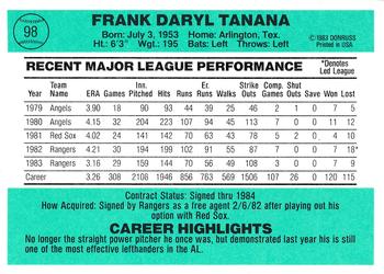 1984 Donruss #98 Frank Tanana Back