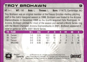 2002 MultiAd Fresno Grizzlies #3 Troy Brohawn Back