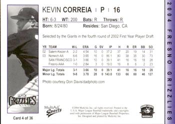 2004 MultiAd Fresno Grizzlies #4 Kevin Correia Back