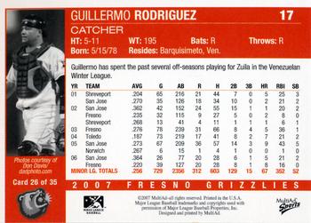 2007 MultiAd Fresno Grizzlies #26 Guillermo Rodriguez Back