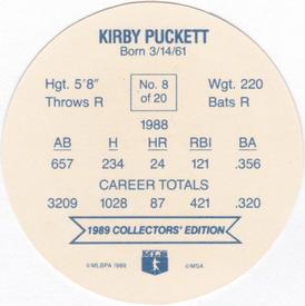 1989 Holsum Schafers Discs #8 Kirby Puckett Back
