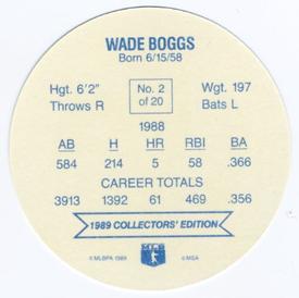 1989 Holsum Schafers Discs #2 Wade Boggs Back