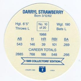 1989 Holsum Schafers Discs #10 Darryl Strawberry Back