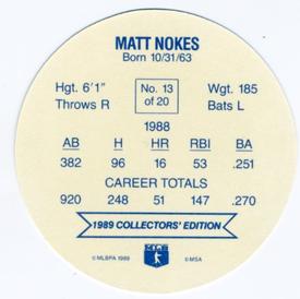 1989 Holsum Schafers Discs #13 Matt Nokes Back