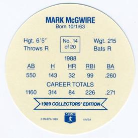 1989 Holsum Schafers Discs #14 Mark McGwire Back