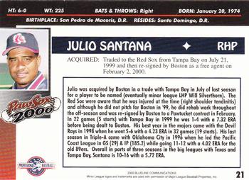 2000 Blueline Q-Cards Pawtucket Red Sox #21 Julio Santana Back