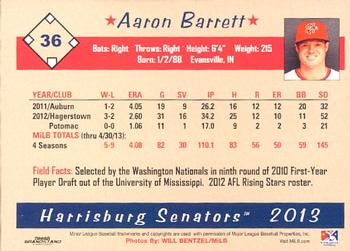 2013 Grandstand Harrisburg Senators #1 Aaron Barrett Back