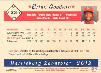 2013 Grandstand Harrisburg Senators #9 Brian Goodwin Back