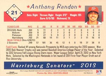 2013 Grandstand Harrisburg Senators #23 Anthony Rendon Back