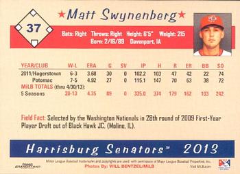 2013 Grandstand Harrisburg Senators #26 Matt Swynenberg Back