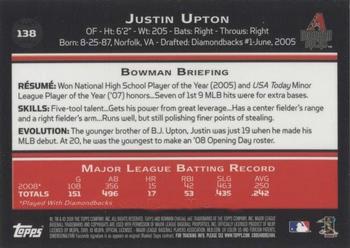 2009 Bowman Chrome #138 Justin Upton Back