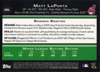 2009 Bowman Chrome #191 Matt LaPorta Back