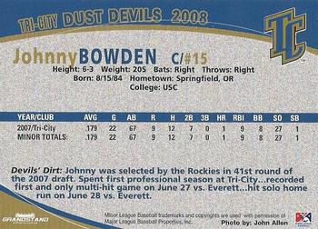 2008 Grandstand Tri-City Dust Devils #3 Johnny Bowden Back