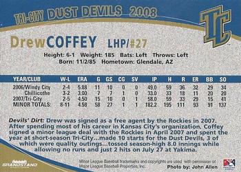 2008 Grandstand Tri-City Dust Devils #6 Drew Coffey Back