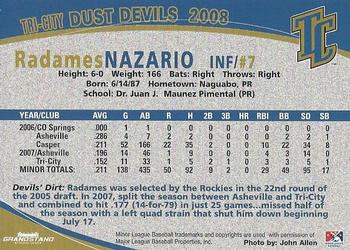 2008 Grandstand Tri-City Dust Devils #20 Radames Nazario Back