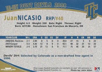 2008 Grandstand Tri-City Dust Devils #21 Juan Nicasio Back