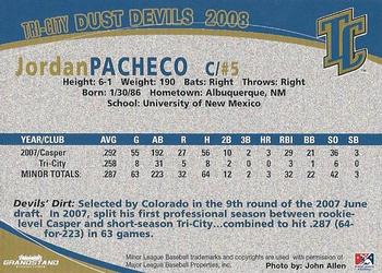 2008 Grandstand Tri-City Dust Devils #23 Jordan Pacheco Back