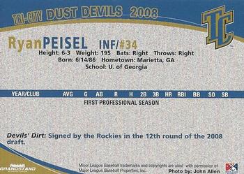2008 Grandstand Tri-City Dust Devils #26 Ryan Peisel Back