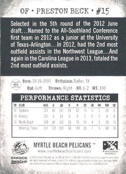 2014 Choice Myrtle Beach Pelicans #4 Preston Beck Back