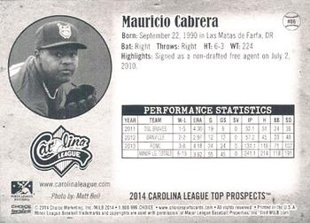 2014 Choice Carolina League Top Prospects #6 Mauricio Cabrera Back