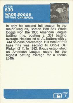 1984 Fleer #630 Wade Boggs Back