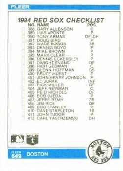 1984 Fleer #649 Checklist: White Sox / Red Sox Back